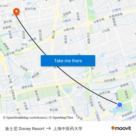迪士尼 Disney Resort to 上海中医药大学 map