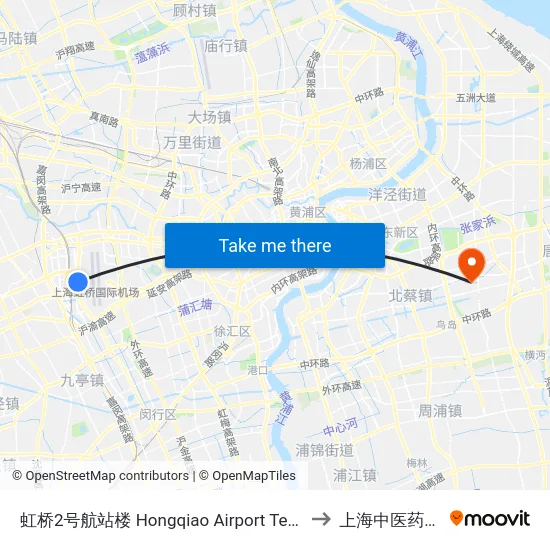 虹桥2号航站楼 Hongqiao Airport Terminal 2 to 上海中医药大学 map