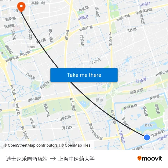 迪士尼乐园酒店站 to 上海中医药大学 map
