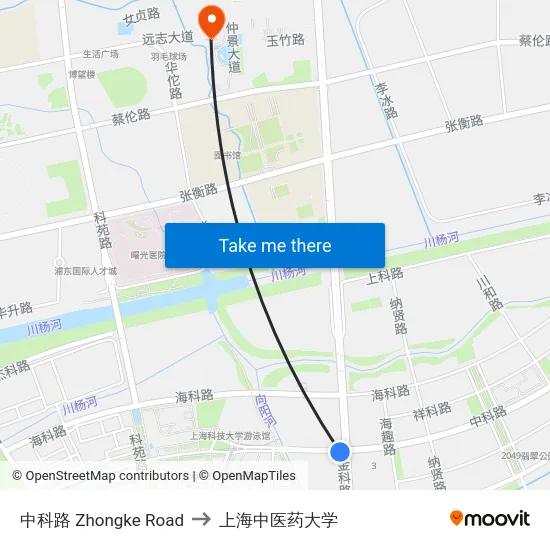 中科路 Zhongke Road to 上海中医药大学 map