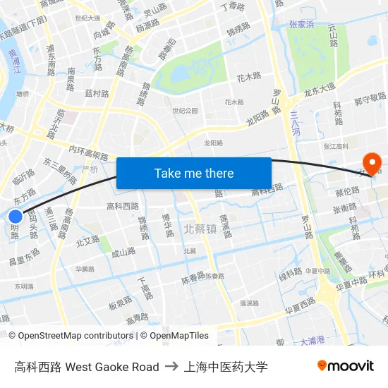 高科西路 West Gaoke Road to 上海中医药大学 map