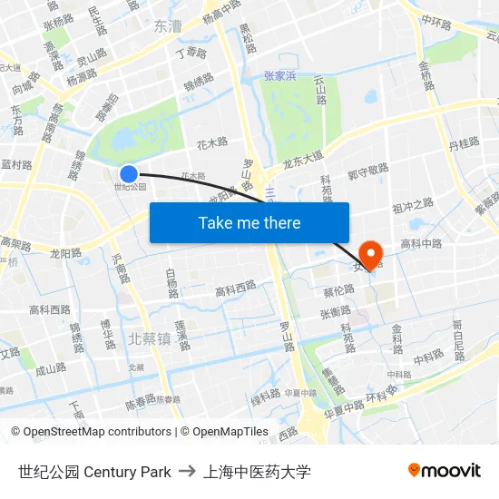 世纪公园 Century Park to 上海中医药大学 map