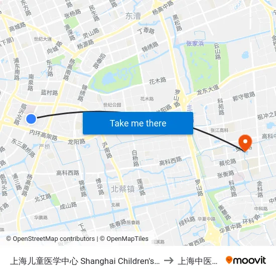上海儿童医学中心 Shanghai Children's Medical Center to 上海中医药大学 map