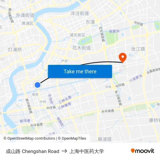 成山路 Chengshan Road to 上海中医药大学 map