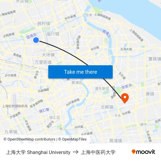 上海大学 Shanghai University to 上海中医药大学 map