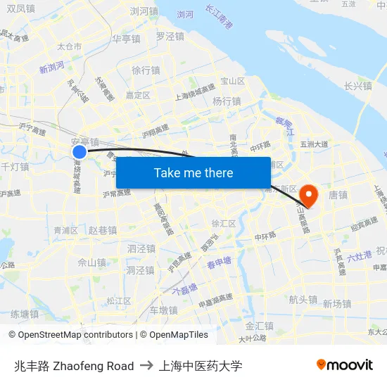 兆丰路 Zhaofeng Road to 上海中医药大学 map