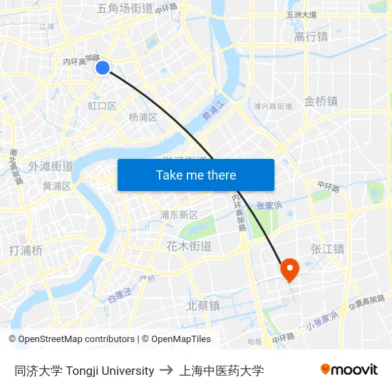 同济大学 Tongji University to 上海中医药大学 map