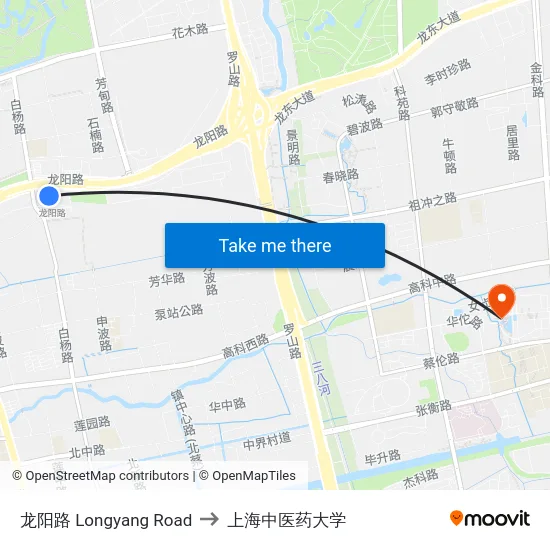 龙阳路 Longyang Road to 上海中医药大学 map