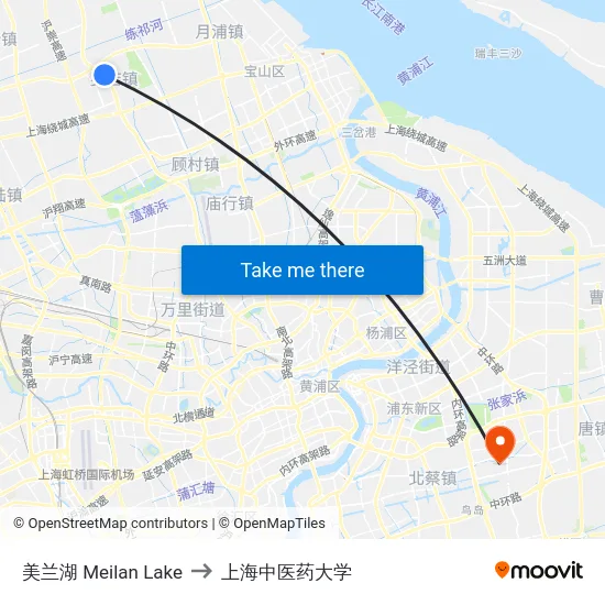 美兰湖 Meilan Lake to 上海中医药大学 map
