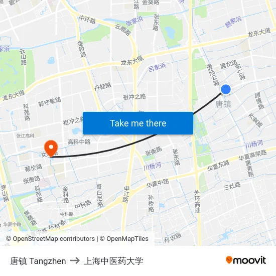 唐镇 Tangzhen to 上海中医药大学 map