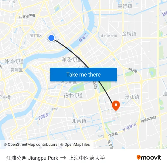 江浦公园 Jiangpu Park to 上海中医药大学 map