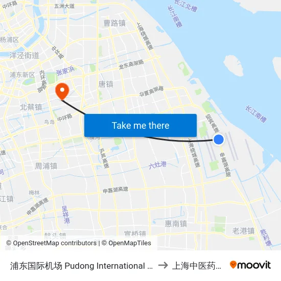 浦东国际机场 Pudong International Airport to 上海中医药大学 map