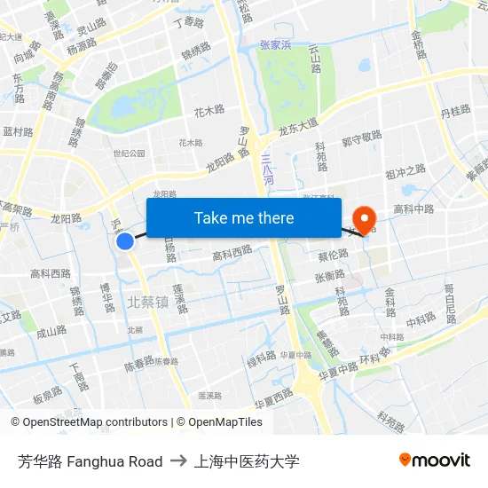 芳华路 Fanghua Road to 上海中医药大学 map