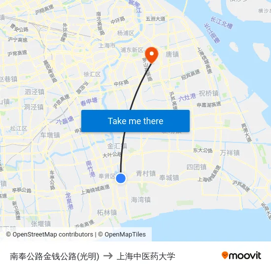 南奉公路金钱公路(光明) to 上海中医药大学 map