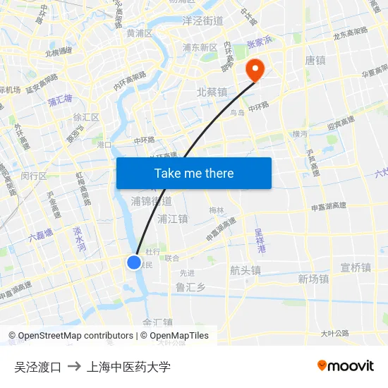 吴泾渡口 to 上海中医药大学 map