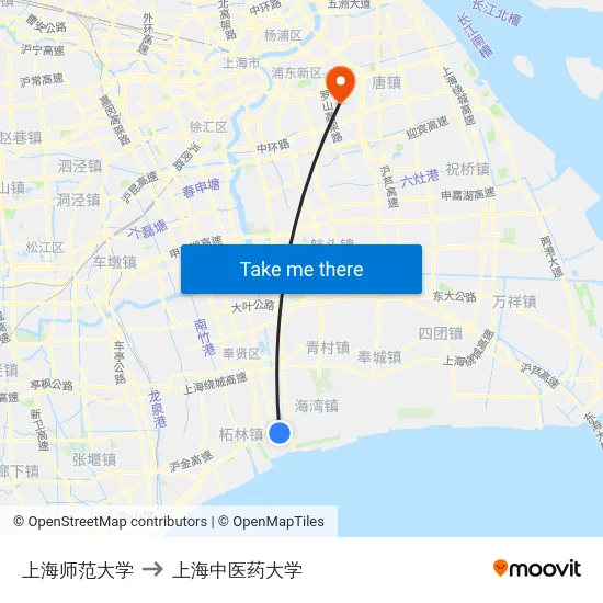 上海师范大学 to 上海中医药大学 map