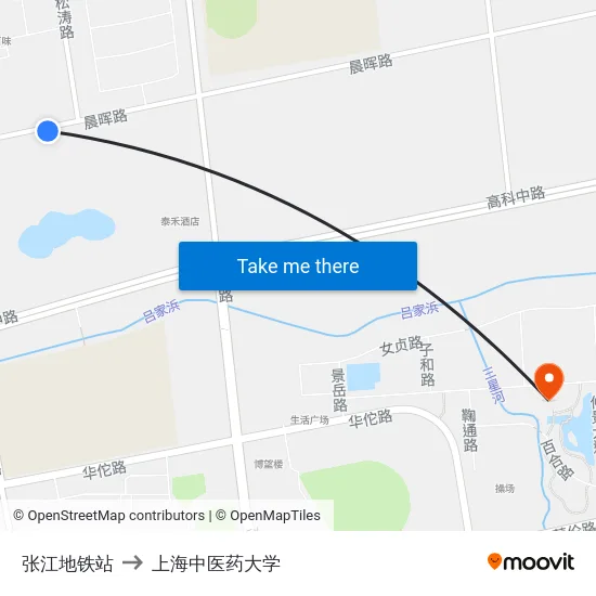 张江地铁站 to 上海中医药大学 map