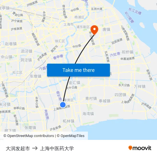 大润发超市 to 上海中医药大学 map