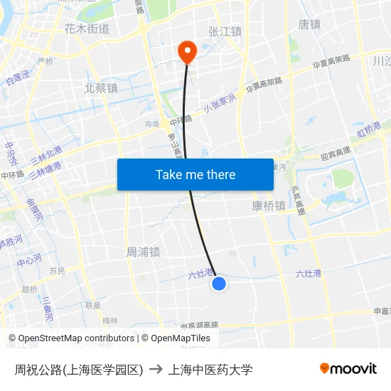 周祝公路(上海医学园区) to 上海中医药大学 map