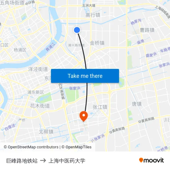 巨峰路地铁站 to 上海中医药大学 map