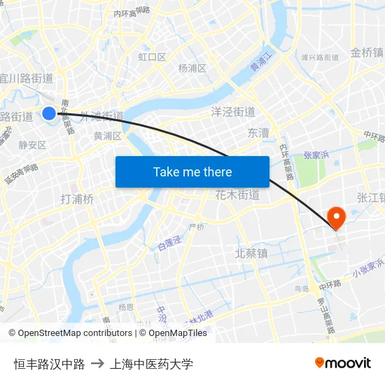 恒丰路汉中路 to 上海中医药大学 map