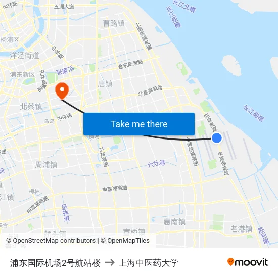 浦东国际机场2号航站楼 to 上海中医药大学 map