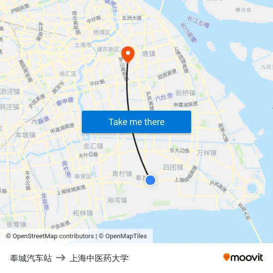 奉城汽车站 to 上海中医药大学 map