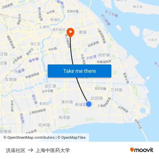 洪庙社区 to 上海中医药大学 map