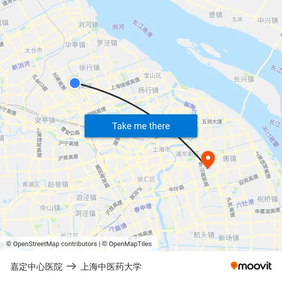 嘉定中心医院 to 上海中医药大学 map