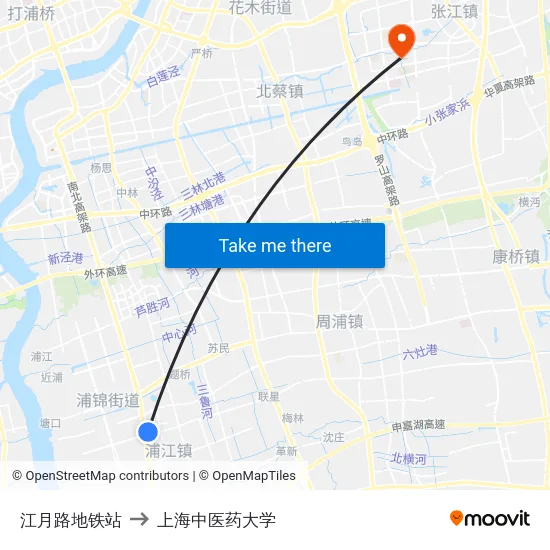 江月路地铁站 to 上海中医药大学 map