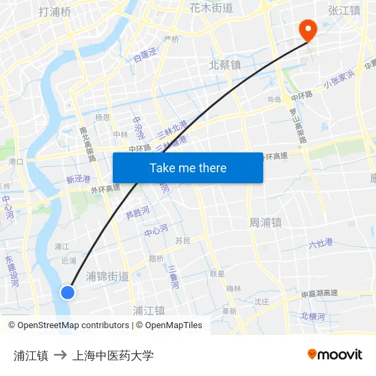 浦江镇 to 上海中医药大学 map