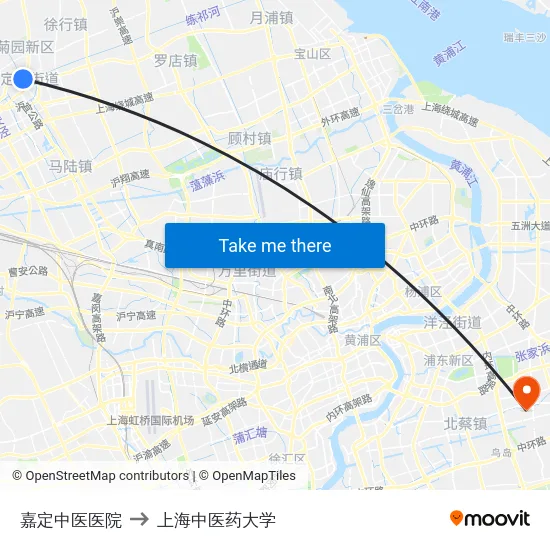 嘉定中医医院 to 上海中医药大学 map