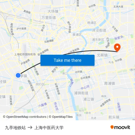 九亭地铁站 to 上海中医药大学 map