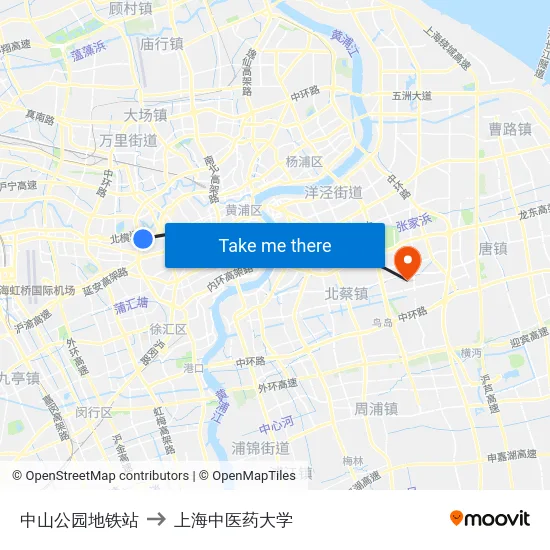 中山公园地铁站 to 上海中医药大学 map