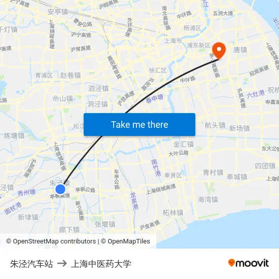 朱泾汽车站 to 上海中医药大学 map
