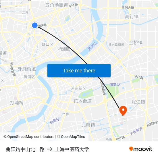 曲阳路中山北二路 to 上海中医药大学 map