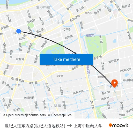 世纪大道东方路(世纪大道地铁站) to 上海中医药大学 map