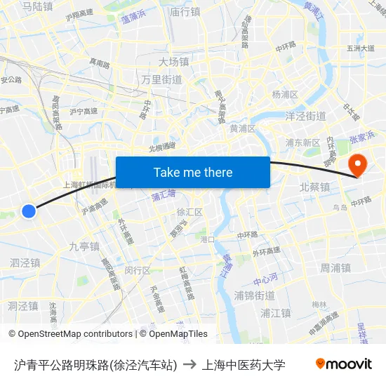 沪青平公路明珠路(徐泾汽车站) to 上海中医药大学 map
