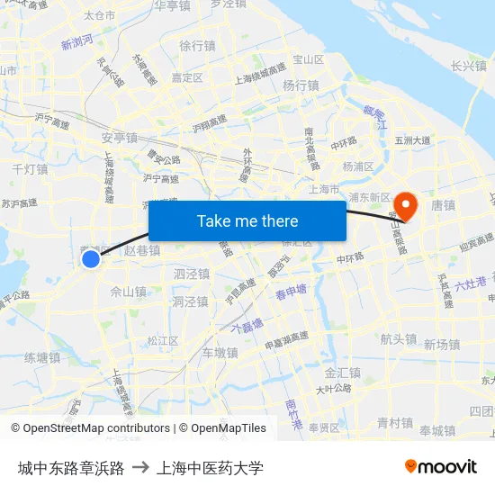 城中东路章浜路 to 上海中医药大学 map