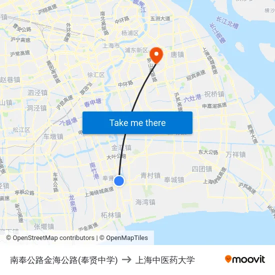 南奉公路金海公路(奉贤中学) to 上海中医药大学 map