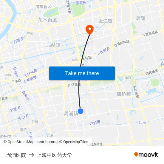 周浦医院 to 上海中医药大学 map