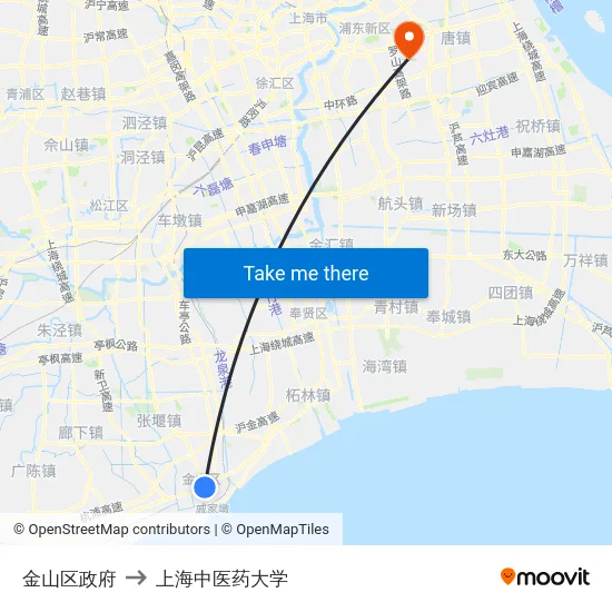 金山区政府 to 上海中医药大学 map