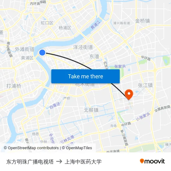 东方明珠广播电视塔 to 上海中医药大学 map