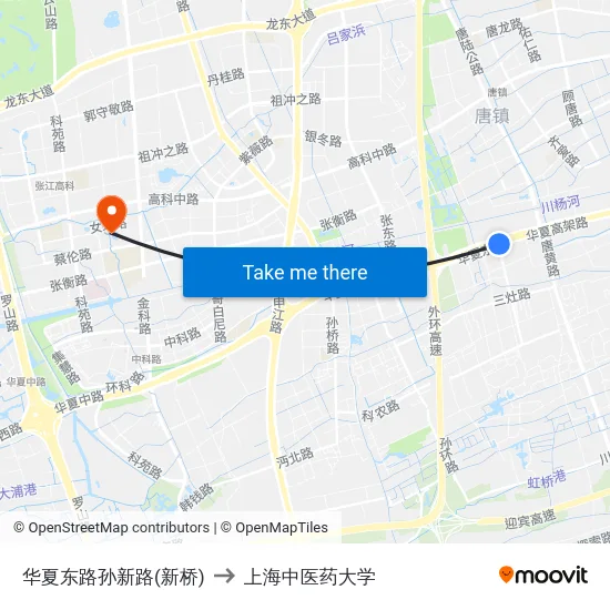 华夏东路孙新路(新桥) to 上海中医药大学 map