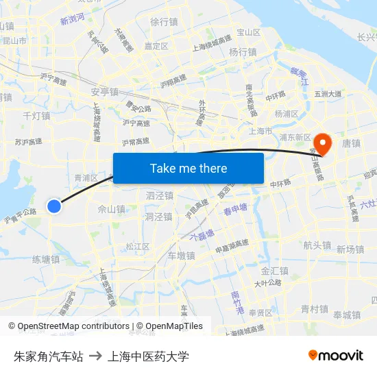 朱家角汽车站 to 上海中医药大学 map