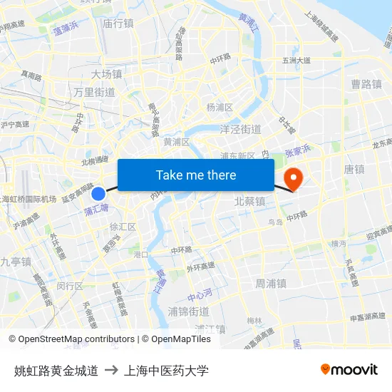 姚虹路黄金城道 to 上海中医药大学 map