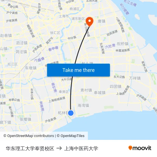 华东理工大学奉贤校区 to 上海中医药大学 map