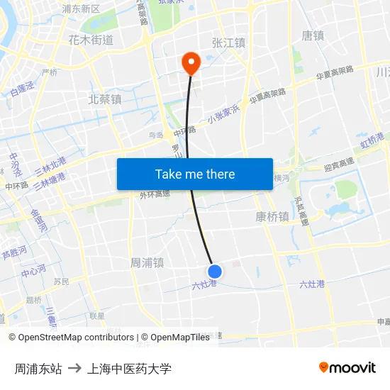 周浦东站 to 上海中医药大学 map