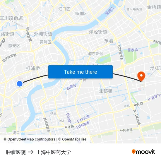 肿瘤医院 to 上海中医药大学 map