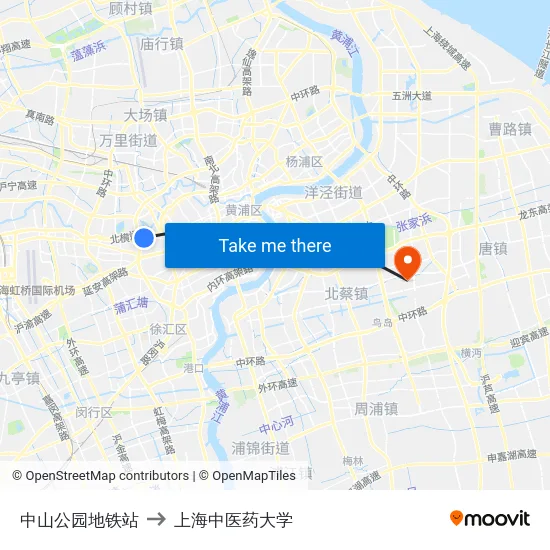 中山公园地铁站 to 上海中医药大学 map